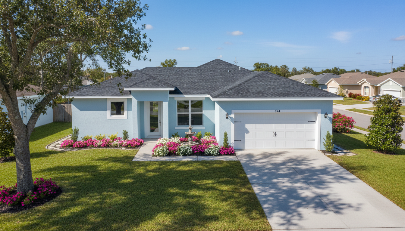 Single-story Florida home with a light blue exterior, dark gray roof, well-maintained lawn, and colorful flower beds, shown on a sunny day.