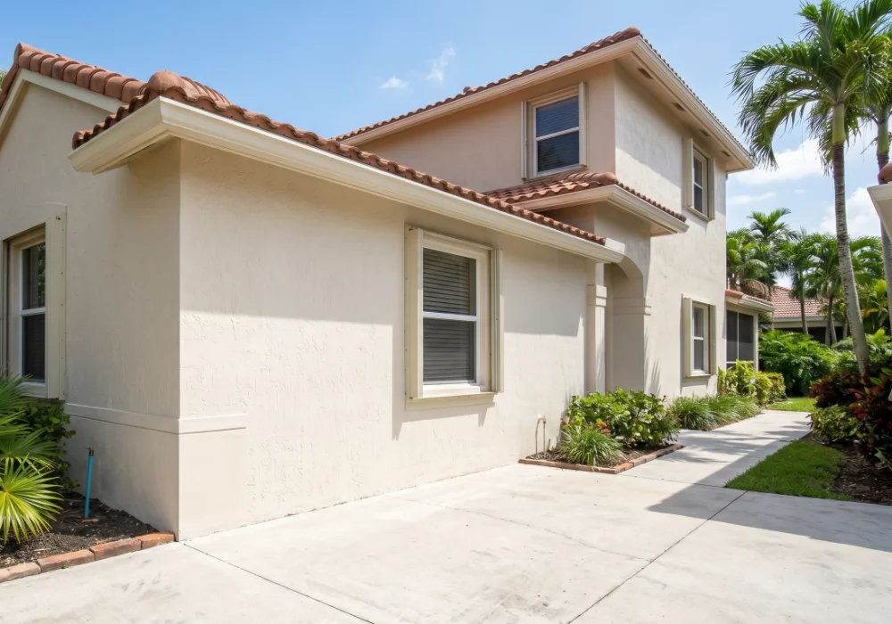 Professional light beige textured stucco home exterior with a classic terracotta tile roof by ASC Painting Corp.
