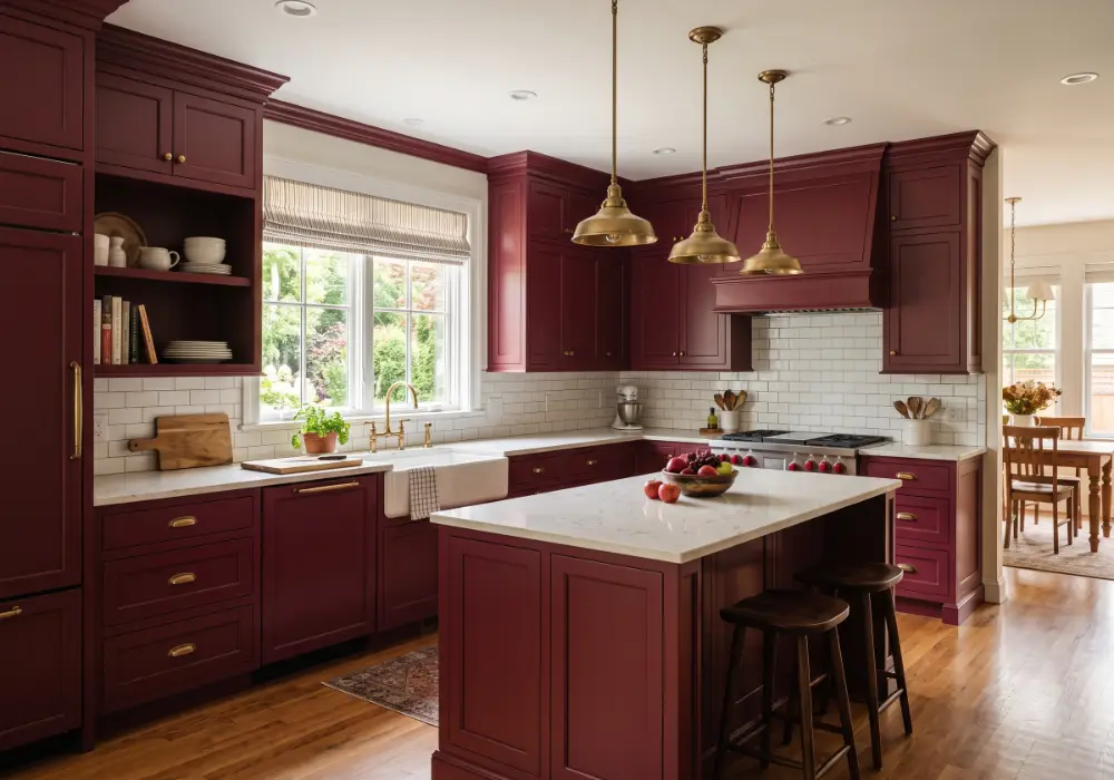 Professional deep burgundy Shaker-style kitchen cabinets with a marble-topped island and brass pendant lights by ASC Painting Corp.