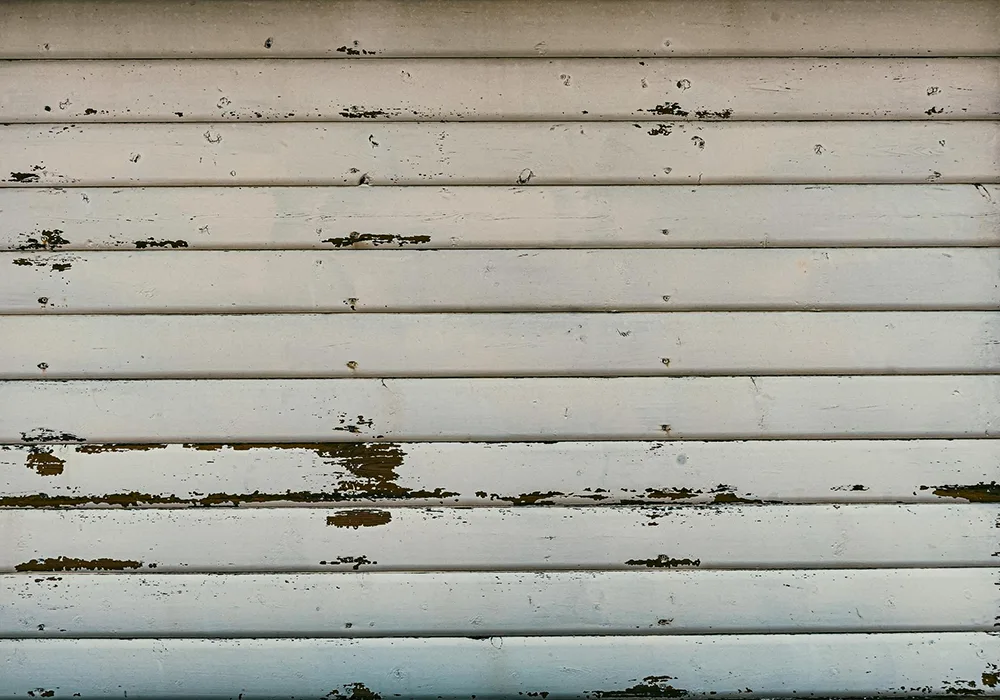 Weathered white horizontal wood siding with severe peeling paint and exposed grain requiring restoration by ASC Painting Corp.