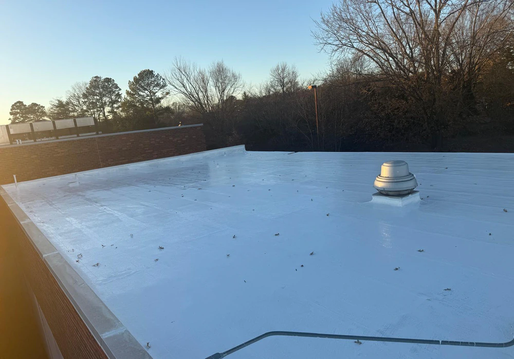 White waterproofed flat roof with a roof vent near a tree line