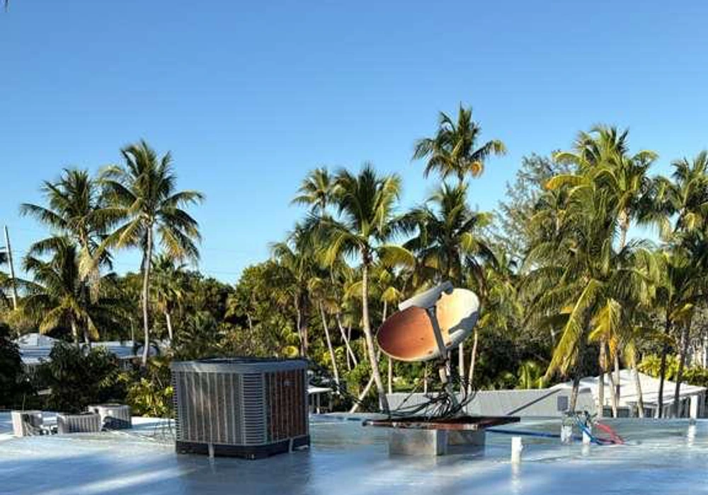 Finished waterproofed roof with HVAC unit and satellite dish near palm trees