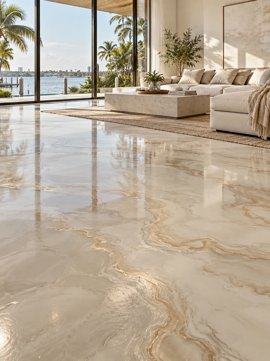 Illustrative room with ivory and gold marble-look metallic epoxy flooring