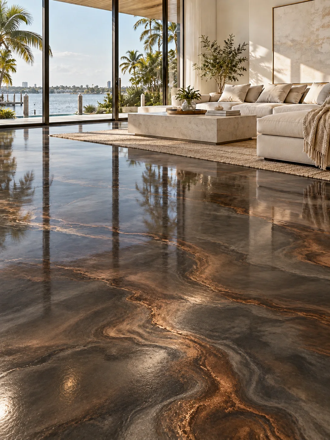 Illustrative room with charcoal and copper metallic epoxy flooring