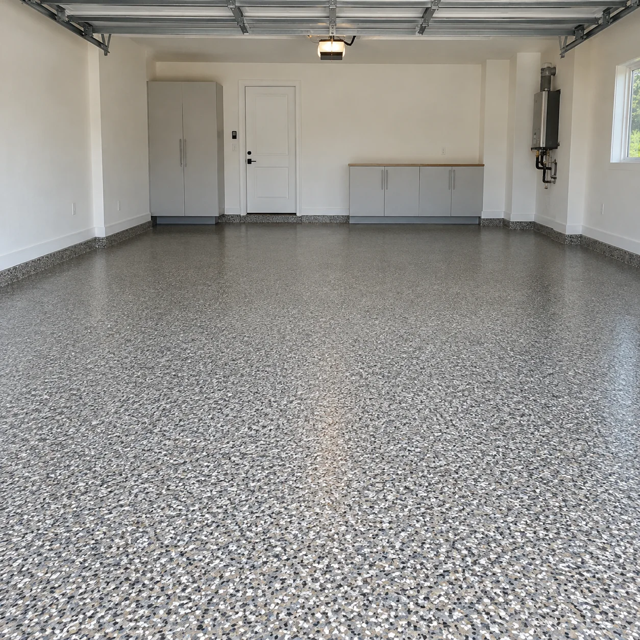 Illustrative garage with gray decorative epoxy flake flooring