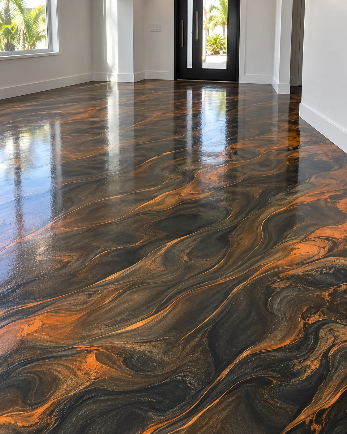 Illustrative finished room with charcoal and copper metallic epoxy flooring