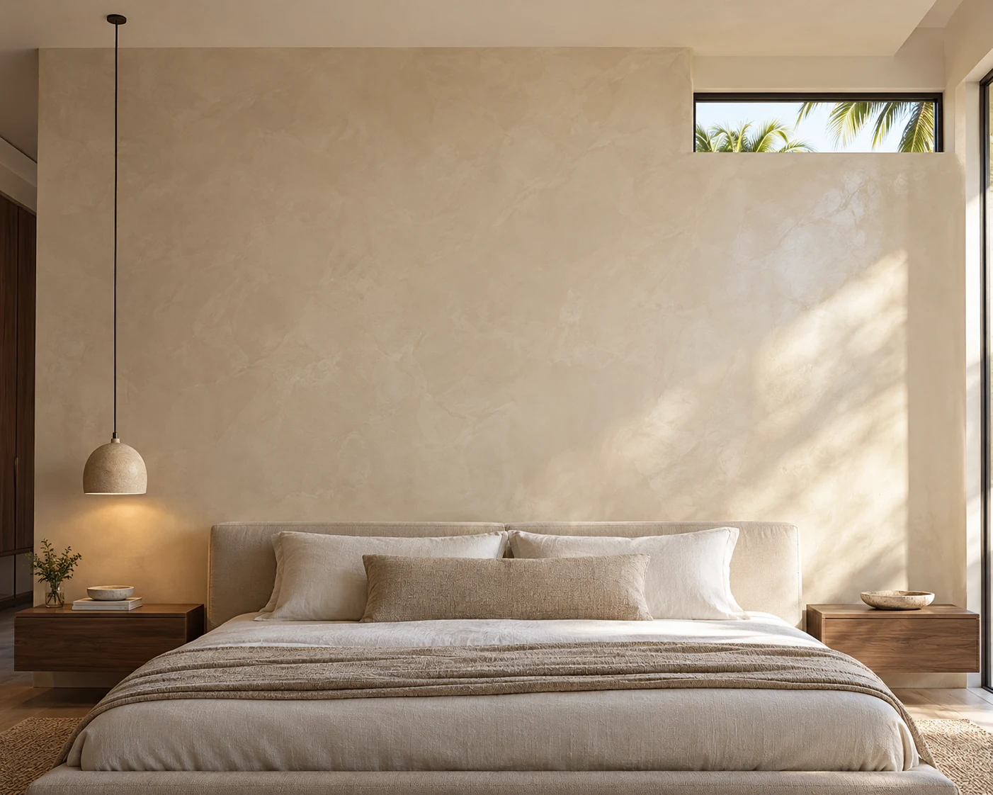 Smooth, polished Venetian Plaster wall in a contemporary bedroom